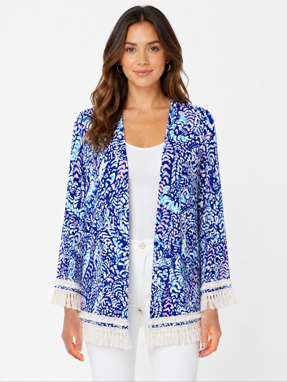 Lilly Pulitzer Fringe Trim Open Front Cardigan Blue Print‎ Size Small